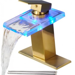 Bathroom Sink Faucet, Brushed Gold Waterfall Single Handle Vanity Faucets for Sinks 1 or 3 Holes and 2 Water Supply Lines, Open Glass Spout