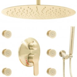 Brushed Gold Shower Jets System Full Body 16 Inch Round Ceiling Mounted Rain Shower Head