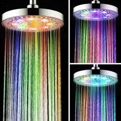 Automatic Changing Colors Overhead Shower Head Water 8" Inch Round Bathroom LED Light Rain Top Shower Head 7 Colors Glow Chrome Finish