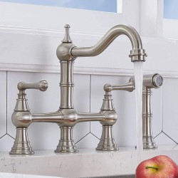 Bridge Kitchen Faucet, 4 Hole Kitchen Faucet with Side Sprayer, Antique Brass 8 Inch Centerset 2 Handle Farmhouse Sink Faucet, Stainless Steel Kitchen Faucets for Sink 3 Hole