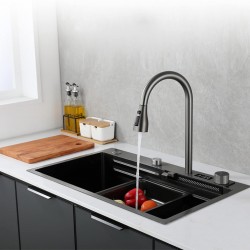 Waterfall Kitchen Faucet with Pull Down Sprayer, Single Handle Kitchen Sink Faucet with Temperature Display, Grey