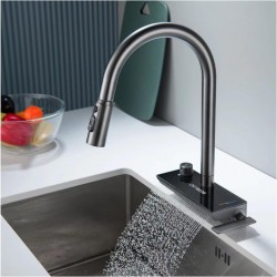 Kitchen Sink Faucets, Led Digital Temperature Display, Kitchen Faucet with Pull Down Sprayer, Kitchen Sink Faucet with Raindance Waterfall Outlet, Brass Body, Grey