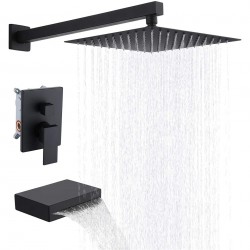 Matte Black Rain Mixer Shower Faucet Set with Waterfall Tub Spout 10 inch Square Rainfall Shower Head with Handheld Spray Wall Mounted Pressure Balance Rough-in Valve and Trim Included