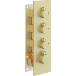 Brass 3-way Shower Water Diverter Mixer Can Work Together, Concealed Thermostatic Valve with Round Knobs (Vertical installation, 4 Handles, Brushed Gold)