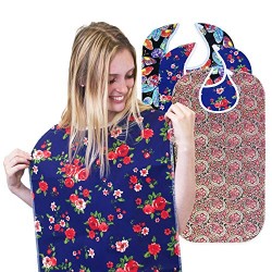 3 Pack Adult Bib Washable Reusable Waterproof Clothing Protector with Optional Crumb Catcher and Vinyl Backing 31"X17" (Butterfly/Blue Rose/Heritage)