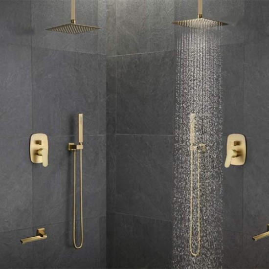 Bathroom Brass Ceiling 12 Inch Rainfall Shower Faucet System Mixer Set (Ceiling Mount, Brushed Gold)