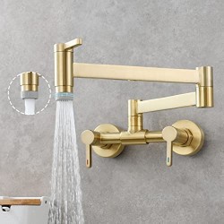 Kitchen Sink Faucet Folding Hot and Cold Water Mixing Wall Mount Extendable Folding Arm Dual Handle Solid Brass Gold Brushed