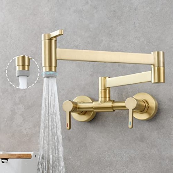 Kitchen Sink Faucet Solid Brass Folding Hot and Cold Water Mixing Wall Mount Extendable Folding Arm Dual Handle Gold Brushed