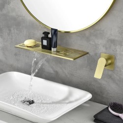 Modern Waterfall Wall Mounted Bathroom Sink Faucet Single Handle Brushed Gold