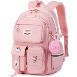 Kawaii Girls Backpack for School, Cute Teenage Multiple Pockets Backpack, Fashion Bookbag for Primary Elementary High School, Pink