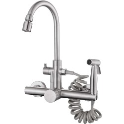 Wall Mount Kitchen Faucet 8 Inch Faucet Brushed Nickel Faucet for Kitchen, with Spray Gun and 2 Water Jet, Swivel 360° spout Faucet