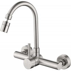 Wall Mount Kitchen Faucet Brushed Nickel 8 Inch Center Wall Mount Faucet Kitchen with Sprayer Single Handles 360 Degree Swivel Spout Kitchen Mixer Tap Constructed Commercial Sink Faucet