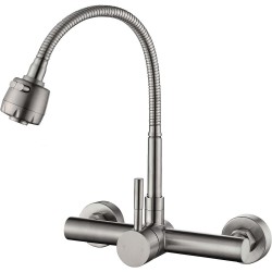 Kitchen Sink Faucet Wall Mount 8" Inch Center with Sprayer, Stainless Steel Mixer Tap, Brushed Nickel Utility Sink Faucet, NSF, Lead-Free