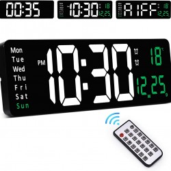 Wall Clock, Large Digital Wall Clock with Remote Control, 16" LED Large Display Count Up & Down, 10-Level Dimming, Alarm Clock with Day/Date/Temperature for Home, Gym, Office, Classroom-Green