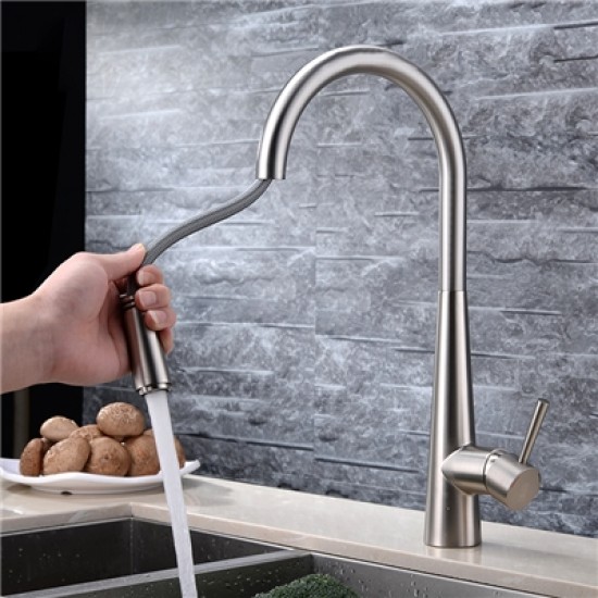 Pull Out Kitchen Sink Faucet Brushed Brass Kitchen Tap Single Hole Single Handle Sliver