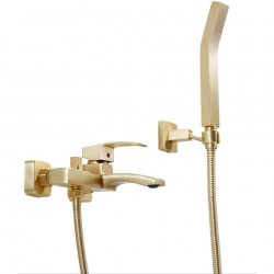 Wall Mount Tub Faucet, Bathtub Faucets with Hand Shower Brass Brushed Gold