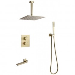 Thermostatic Rain Shower System, Brushed Gold Rain Mixer Shower Combo Set Ceiling Mounted Bathroom Shower Faucet Set with Shower Head, Handheld Shower, Swivel Tub Spout