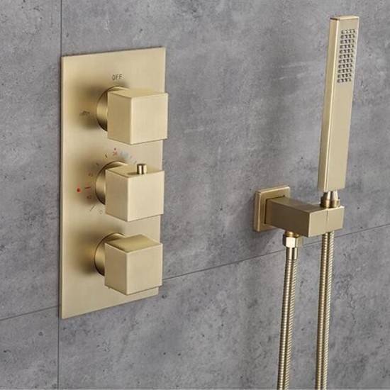 Shower System, Wall Mounted Conceal Thermostatic Shower Faucet Set Brushed Gold Brass Square rain Fall Style in Wall Luxury Shower Set, Brushed Gold