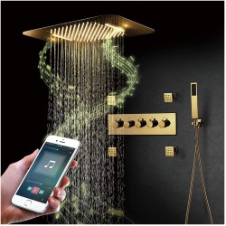 Music Rain Shower System 64 Colors LED Ti-pvd Gold Shower Combo Set Thermostatic Bathroom Shower Faucet Set with Shower Head, Handheld Shower, Body Jets, Phone Control