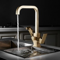 Luxury Brass Kitchen Faucet Brushed Gold Swivel Sink With Sprayer Mixer Tap