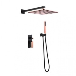 Rain Shower System Concealed Rain Mixer Shower Combo Set Wall Mounted Bathroom Shower Faucet Set with Square 10 Inches Shower Head, Handheld Shower, Embedded Box,Black and Rose Gold