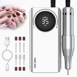35000RPM Rechargeable Nail Drill Portable Electric Drill Machine for Acrylic Nail Professional Efile Nail Drill with 6 Drill Bits Portable Cordless Nail Drill with LCD Display Silver
