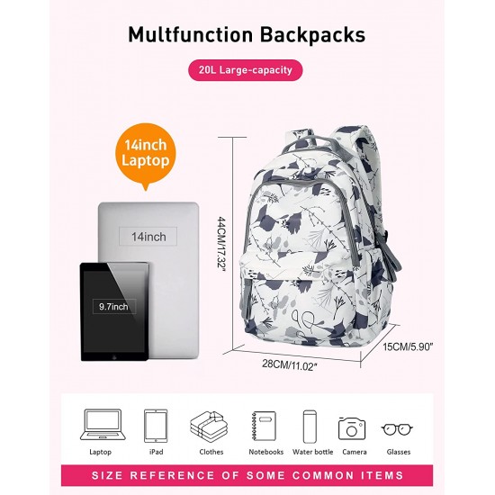 Travel Laptop Backpacks for Women & Men White Leaf Printed Cute Backpackfor Teens Girls , Casual Daypack Bookbag, Lightweight College Middle School Student Bags