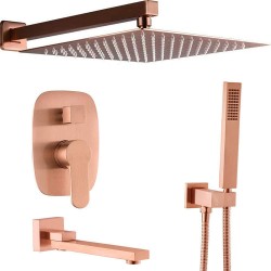 Bathroom Brass Ceiling 12 Inch Rainfall Shower Faucet System Mixer Set (Wall Mount, Brushed Rose Gold)
