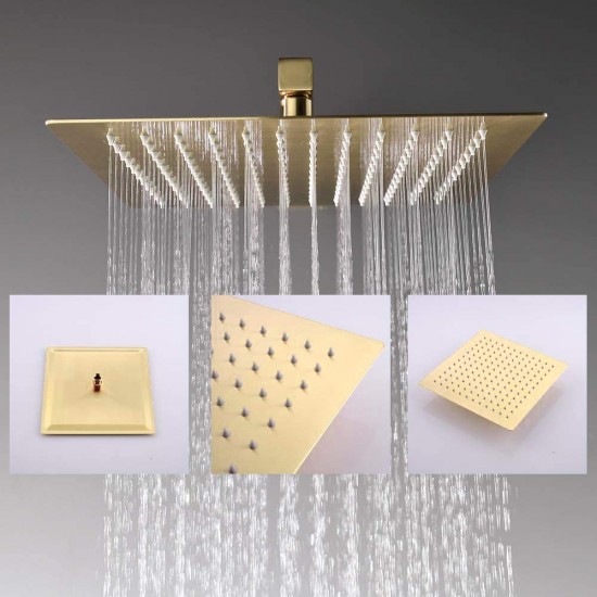 Bathroom Square 12 Inch Rainfall Shower Faucet System With 6 PCS Body Jets Mixer Set (Wall Mount, Brushed Gold)