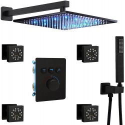 Matte Black Shower System - 12 inch Square LED Rain Head with Handheld and Body Spray Multi Jets - High Pressure Thermostatic Valve Rainfall Faucet Fixture Combo Set for Bathroom