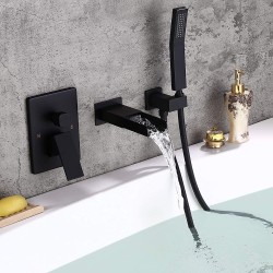 Waterfall Wall Mounted Tub Faucet with Hand Shower Bathroom Wall Mount Tub Filler Bathtub Faucet Single Handle Solid Brass in Matte Black