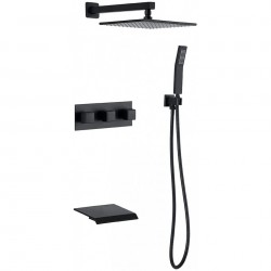 10" Square Rain Shower System with Waterfall Tub Spout, 3-Function Wall Mount Shower Faucet Set Rainfall Showerhead, Rough-in Valve Body and Trim Included Matte Black