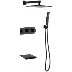 10" Square Rain Shower System with Waterfall Tub Spout & Hand Shower, 3-Function Wall Mount Shower Faucet Set Complete with Rainfall Showerhead, Rough-in Valve Body and Trim Included Matte Black