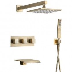 8 Inches Shower System with Waterfall Tub Spout & Hand Shower 3-Function Wall Mount Shower Faucet Sets Complete with Rain Shower Head, Rough-In Valve and Trim Included Brushed Gold