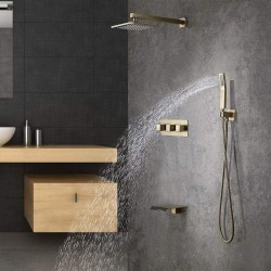8 INCHES Shower System with Waterfall Tub Spout & Hand Shower 3-Function Wall Mount Shower Faucet Sets Complete with Rain Shower Head, Rough-In Valve and Trim Included Brushed Gold