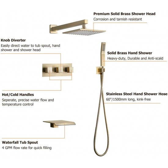 8 Inches Shower System with Waterfall Tub Spout & Hand Shower 3-Function Wall Mount Shower Faucet Sets Complete with Rain Shower Head, Rough-In Valve and Trim Included Brushed Gold