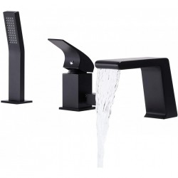 Tub Filler Faucet Waterfall with Hand-Held Shower. Widespread Bath Tub Faucet Set, Deck Mount 3-Holes Single-Handle Faucet Modern in Matte Black