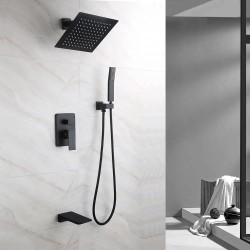 Wall Mount 3-Function Shower System Solid Brass 10" Rainfall Shower Head with Hand Shower Bathroom Rainfall Shower Faucet Set with Waterfall Tub Spout (Black)
