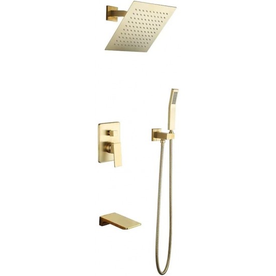 3-Function Shower System Wall Mount Solid Brass 10" Rainfall Shower Head with Hand Shower Bathroom Shower Faucet Set with Waterfall Tub Spout Brushed Nickel