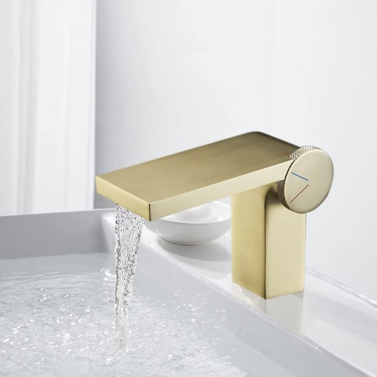 Single Handle 1-Hole Waterfall Bathroom Vessel Sink Faucet Solid Brass Lavatory Vanity Mixer Faucet (Brushed Gold)