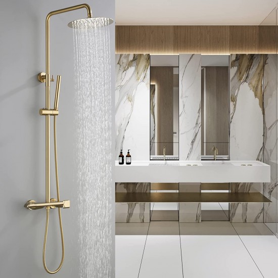 10" Shower System Luxury Exposed Shower Fixture Thermostatic Rainfall Shower Head Brushed Gold