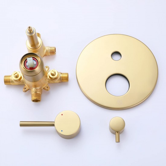Shower System with Tub Spout and Handheld Brushed Gold Bathtub Shower Faucet Combo Set with 10 Inch Rain Shower Head, Brass Rough-in Pressure Balance Valve Included