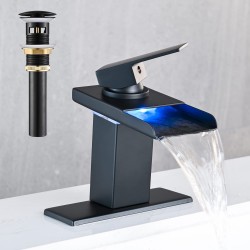 LED Bathroom Sink Faucet, Matte Black Waterfall Single Hole Handle RV Bath Vanity Faucets for Sinks 3 Hole or 1 Hole with Metal Pop Up Drain and 2 Water Supply Lines, Stainless Steel Spout