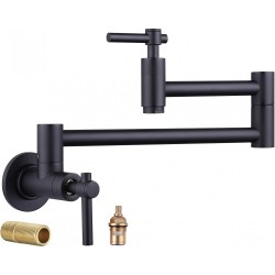 Pot Filler Faucet Wall Mount, Folding Kitchen Faucet with Double Joint Swing Arm, Single Hole Stretchable Brass Faucet with 2 Handles, Black Pot Filler Above Stove