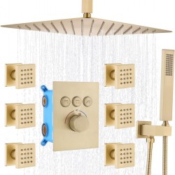 16inch Rain Shower Jets System with Handheld, Thermostatic, All Shower heads Can Work At Once, Brushed Gold