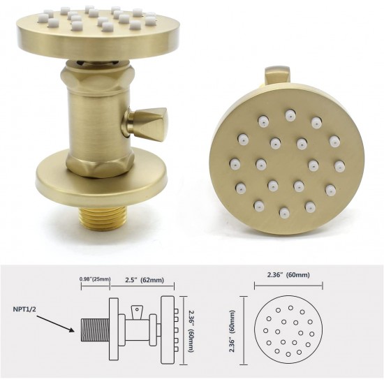 Solid Brass Round Shower Body Spray Adjustable Massage Wall Jet with Shut Off, Flow Can Be Controlled, Brushed Gold Shower Body Sparyer Can Swivel, 4pcs