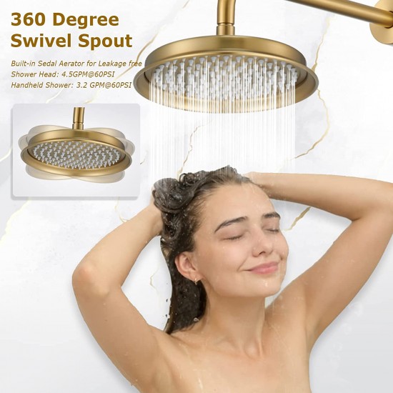 Shower System Trim Kit, Brush Gold 2-in-1 Function Showering mode, Rough-in Balance Pressure Valve Included, 360° Swivel 9'' Shower Head & Brass Rainfall Handheld Shower For Bathroom