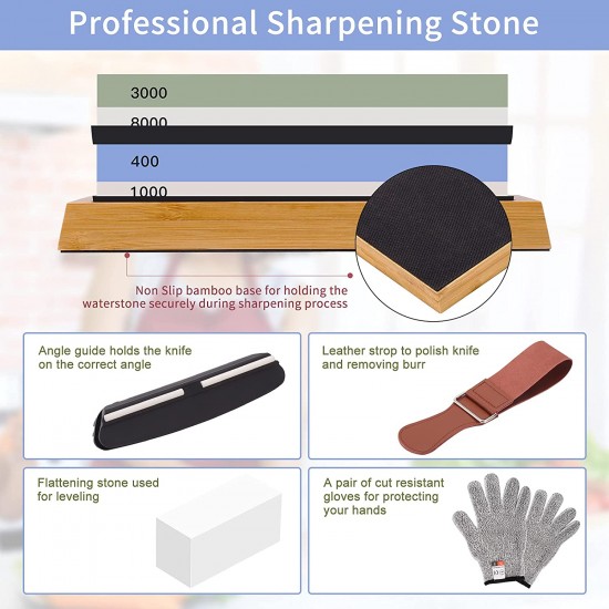 Knife Sharpening Stone Kit, Premium Whetstone Knife Sharpener, Sharpening Stones - 4 Side Grit 400/1000 3000/8000 with Bamboo Base, Flattening Stone, Angle Guide, Leather Strop