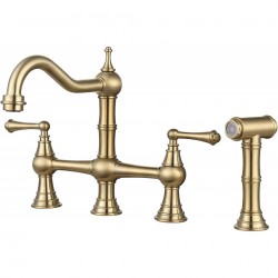 Brushed Gold Brass Kitchen Faucet Bridge with Side Sprayer, 4 Hole Kitchen Faucet 2 Handle 8 Inch Center set