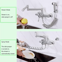 Wall Mount Kitchen Faucet with Side Sprayer - 8" Center, Folding Design for Commercial Use, Stainless Steel Bar Tap - Lead-Free, Pot Filler and Mixer Included